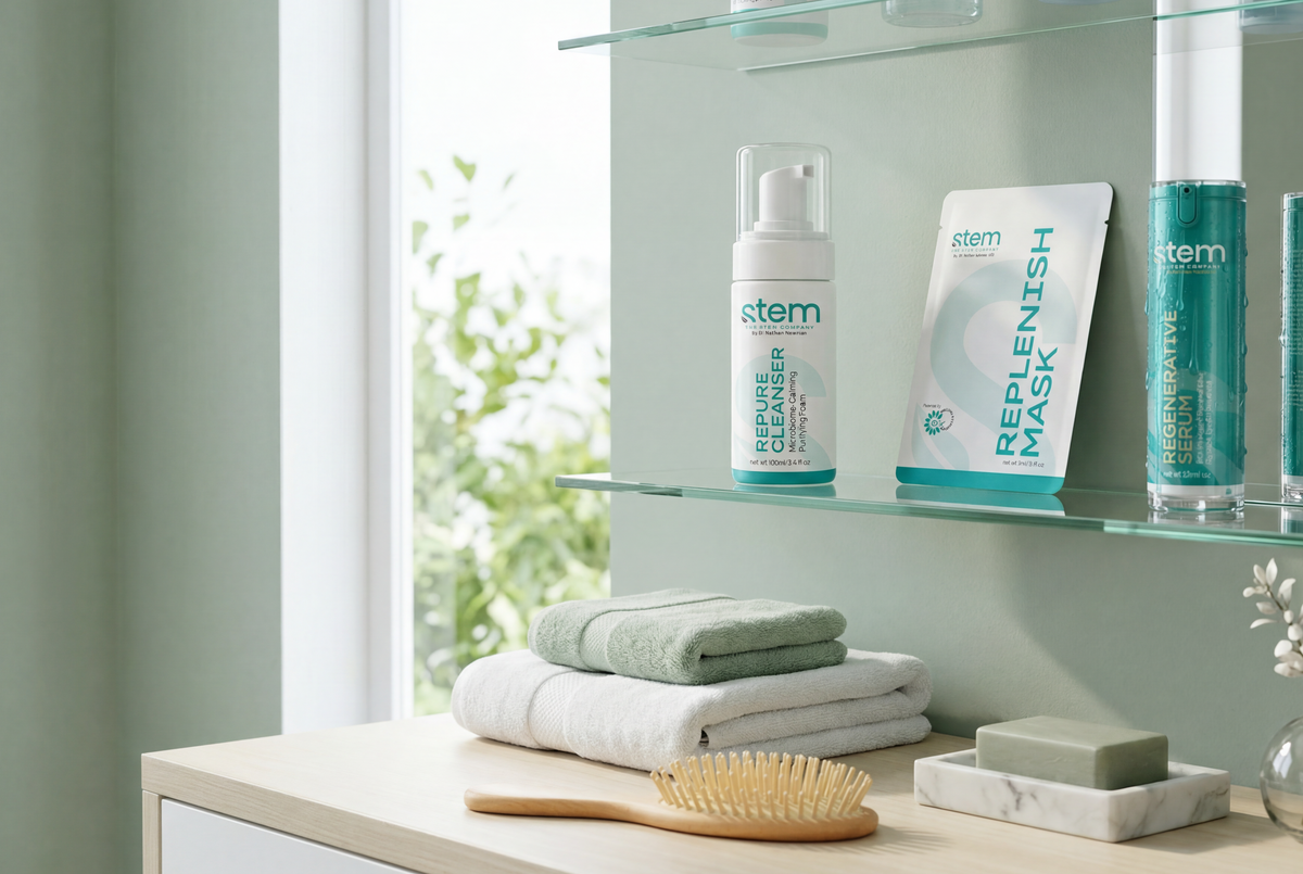 A styled bathroom shelf display featuring skincare products from the stem company, including a cleanser, a mask, and tubes, arranged on glass shelves above folded towels, a wooden brush, and a small vase on a light wood vanity.